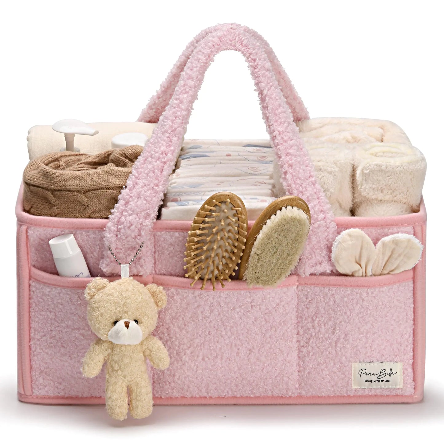 Large Pink Teddy Fleece Nappy Caddy