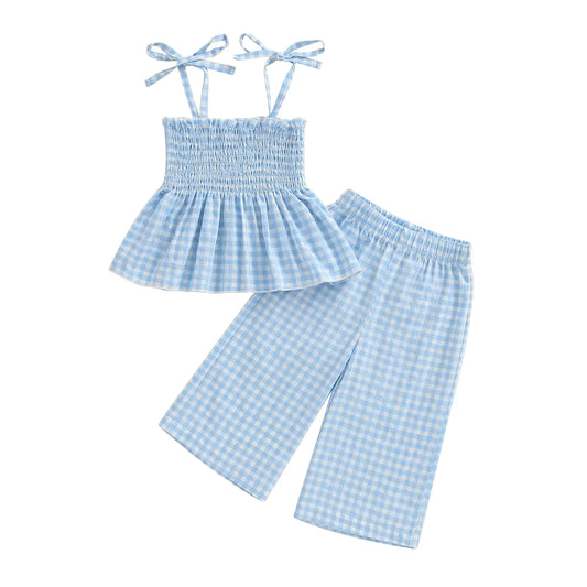 Checked Plaid Blue Linen Pants Set