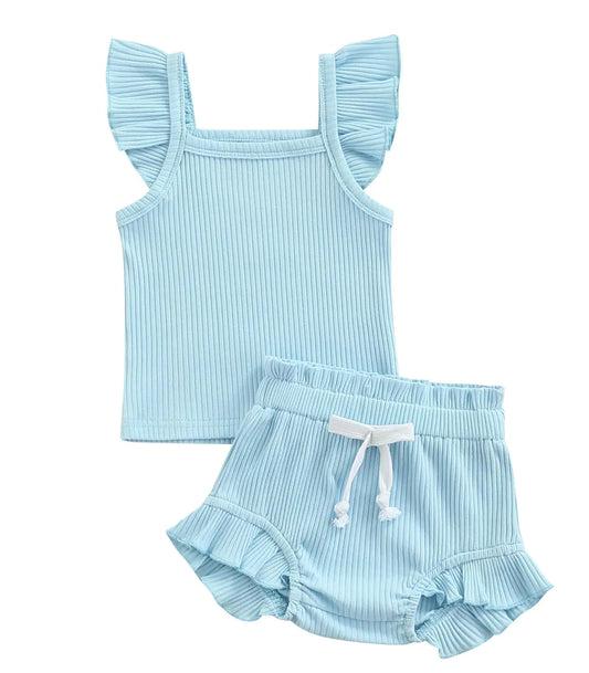 Ruffle Hem Ribbed Tops And Shorts