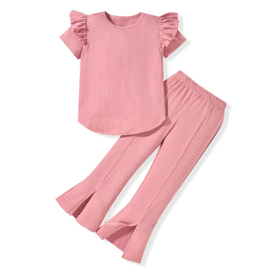 Ribbed Knit Slit Flared Pants Set