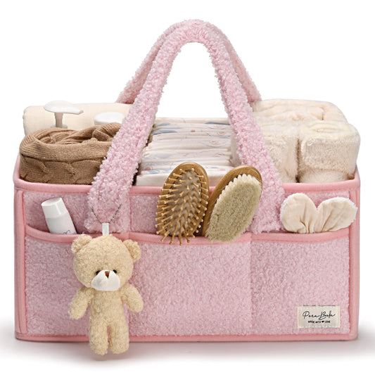 Large Pink Teddy Fleece Nappy Caddy